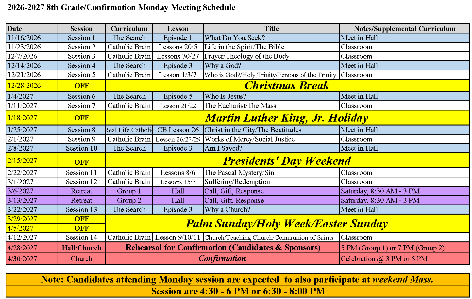 Fall Confirmation Meeting Schedule